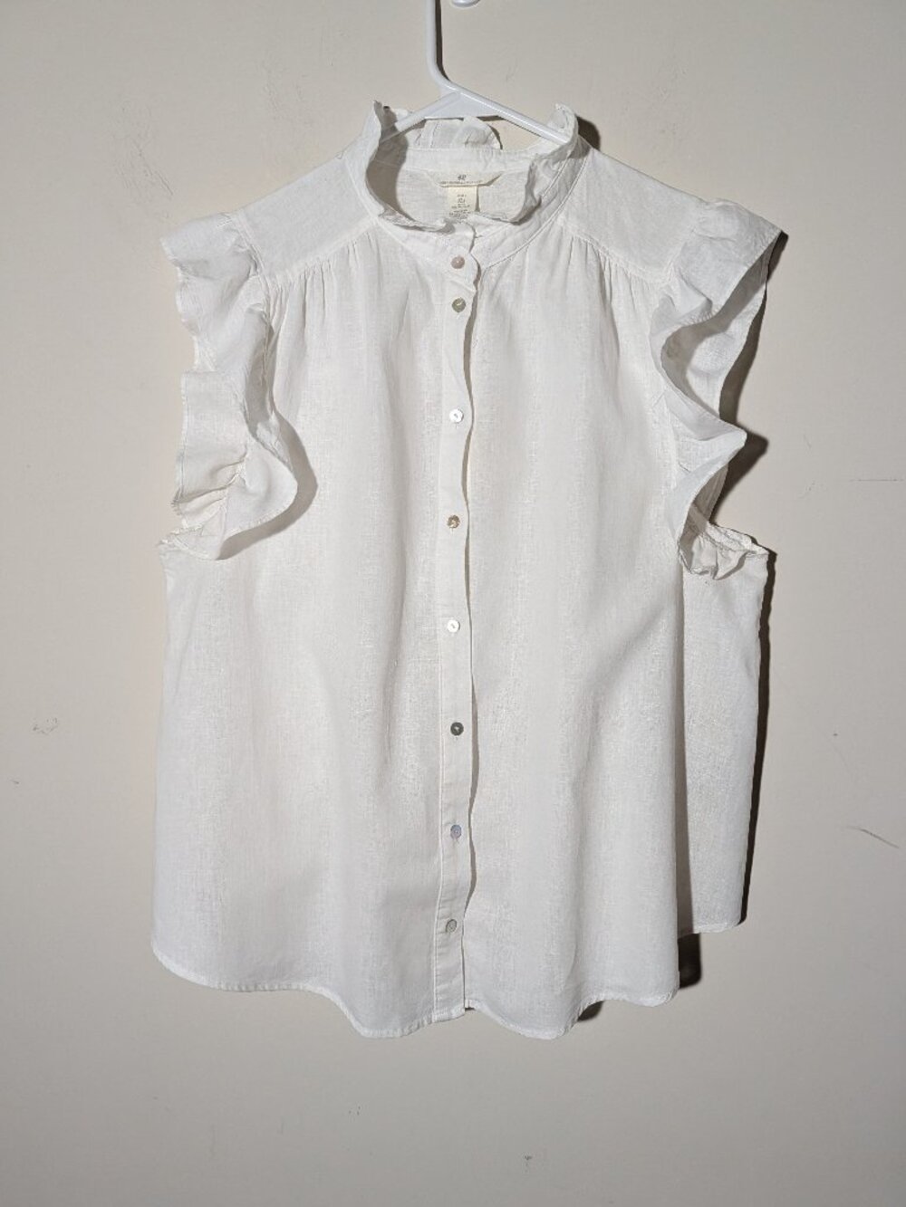 H&M Ruffle Sleeves And Collar Linen Blend Button Down Shirt Shite XL